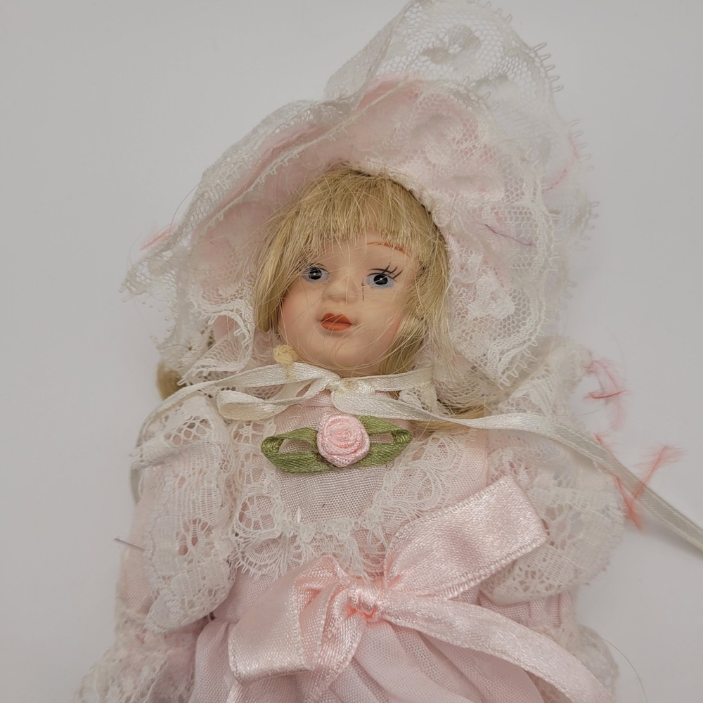 Vintage Porcelain Doll Set Pink Lace Victorian Style Blonde Hair Collectible 2pc